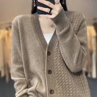 Kardigan Rajut Wanita Elegan Baru 100% Wol Murni, Warna-warni, Hangat, Model V-neck, Laris Manis