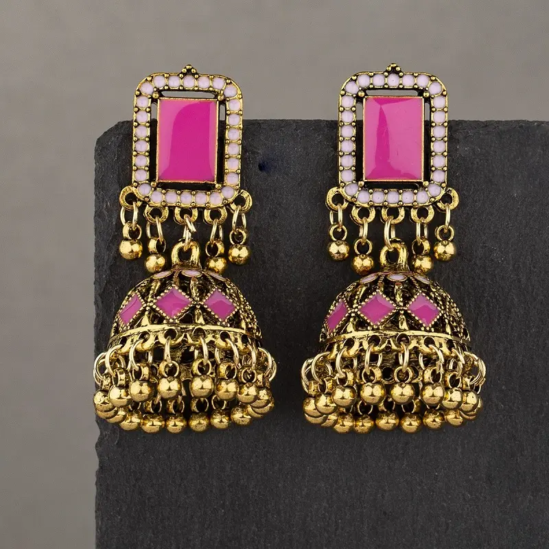 Lo último en pendientes africanos antiguos de moda de verano de estilo étnico hecho a mano Vintage Bell Charm Meenakari Gold Indian Earrings Jhumka