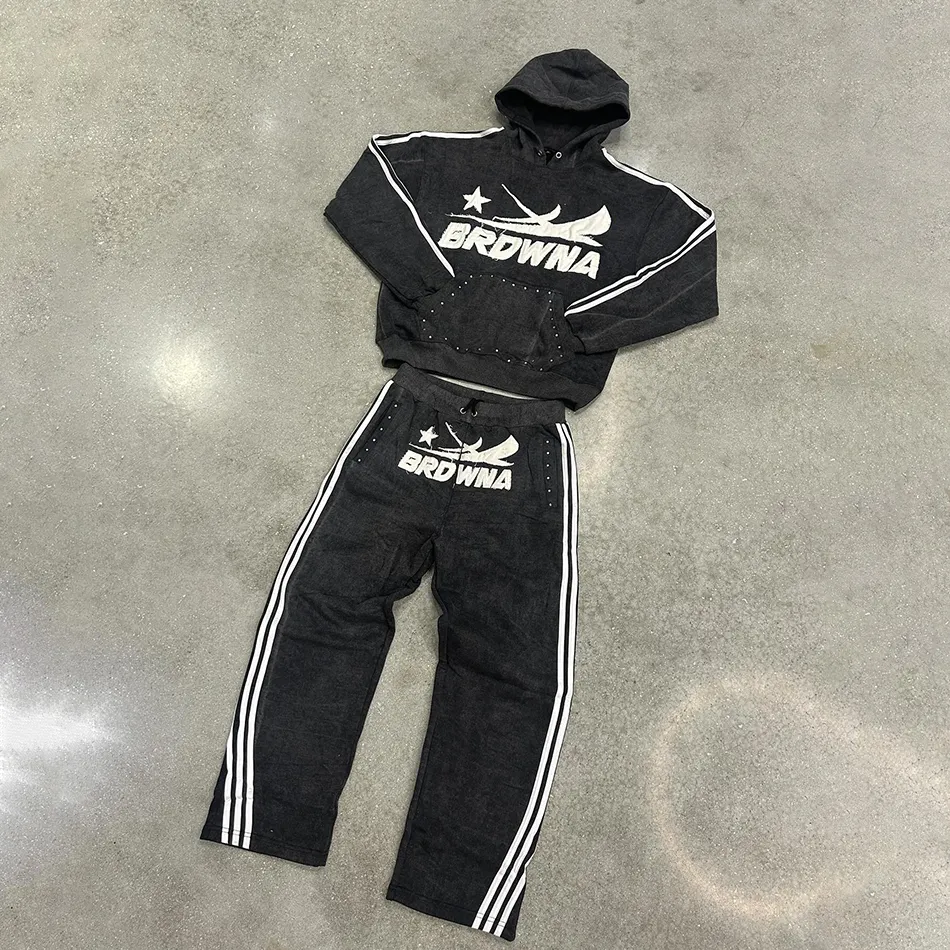 Fabricant de pantalons de survêtement personnalisés vieillis avec broderie Streetwear Sun Faded Sweatpants 2 Pieces Set Tracksuit