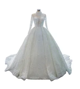 luxury pear bead lace Muslim wedding dress wholesale hight neck wedding ivory bridal gown ball long sleeves ball gown