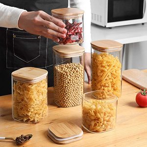 Canister gia vị <span class=keywords><strong>Jar</strong></span> lưu trữ Container có nắp đậy đến rõ ràng thủy tinh với kín khí tre mới với niêm phong Nắp Bộ 6 nhà bếp vuông - Product Image 2