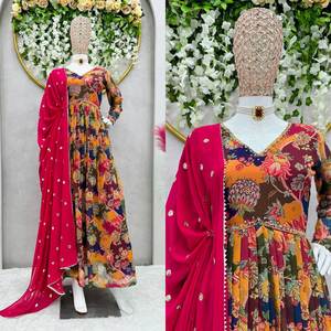 Readymade indien impression numérique Nayra coupe costume avec pantalon Kurti ensemble, tissu Georgette, designer pakistanais vêtements ethniques 3 pièces ensemble - Product Image 5