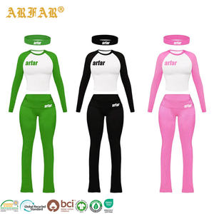 Set Loungewear Personalizzato con Logo in Strass per Donne, Magliette a Maniche Lunghe Bicolore con Pantaloni a Zampa, Completo Due Pezzi da <span class=keywords><strong>Donna</strong></span> - Product Image 1