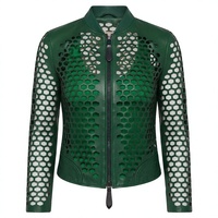 Blouson aviateur en cuir véritable vert pour femme avec design ajouré, col montant, manches longues, fermeture éclair, style automne