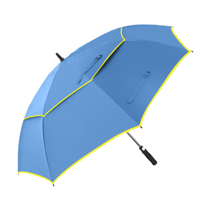 Parapluie de golf automatique coupe-vent avec tissu bleu personnalisé avec bordure sur le bord et trou d'aération sur la couche extérieure - Product Image 1