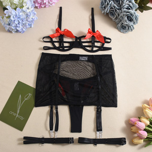 Nouveau nœud Sexy Lingerie Collision couleur poitrine exposée transparent tentation maille string jarretière femmes sous-vêtements 4 pièces ensemble - Product Image 5