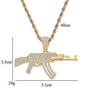 Rapçi takı gerçek altın renk Hip Hop pirinç Bling zirkon uzun Gun şekil kolye kolye ile - Product Image 5