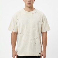 T-shirt décontracté pour homme à col rond, coupe ample, design OEM personnalisé, effet vieilli, manches courtes, détails troués, bords bruts, style streetwear