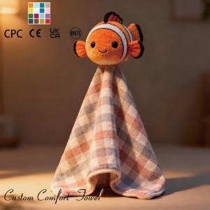 Regalo para Baby Shower, Adorable Peluche de <span class=keywords><strong>Pez</strong></span> <span class=keywords><strong>Payaso</strong></span> con Diseño de Cuadros, Toalla de Confort, Animal de Peluche Suave - Product Image 1