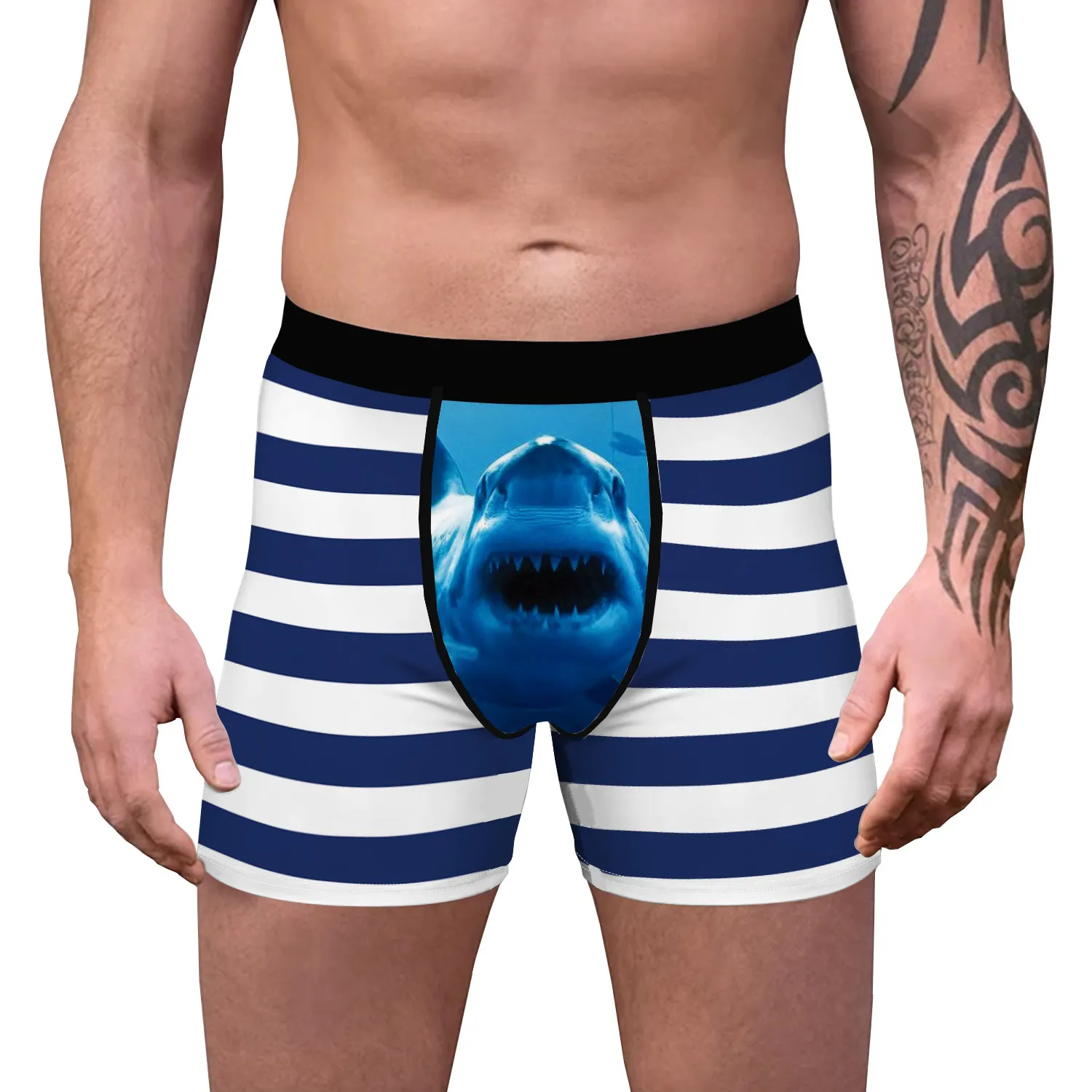 High Quality Customized Shark Printed Long Leg Polyester Men's Trunks Underwear Boxer Briefs With Ball Pouch