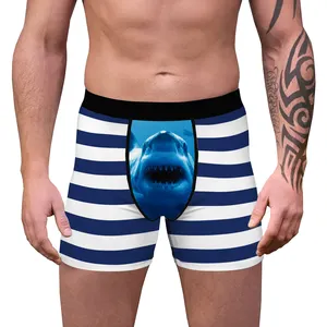 Haute qualité personnalisé requin imprimé longue jambe Polyester hommes troncs sous-vêtements Boxer slips avec pochette à billes
