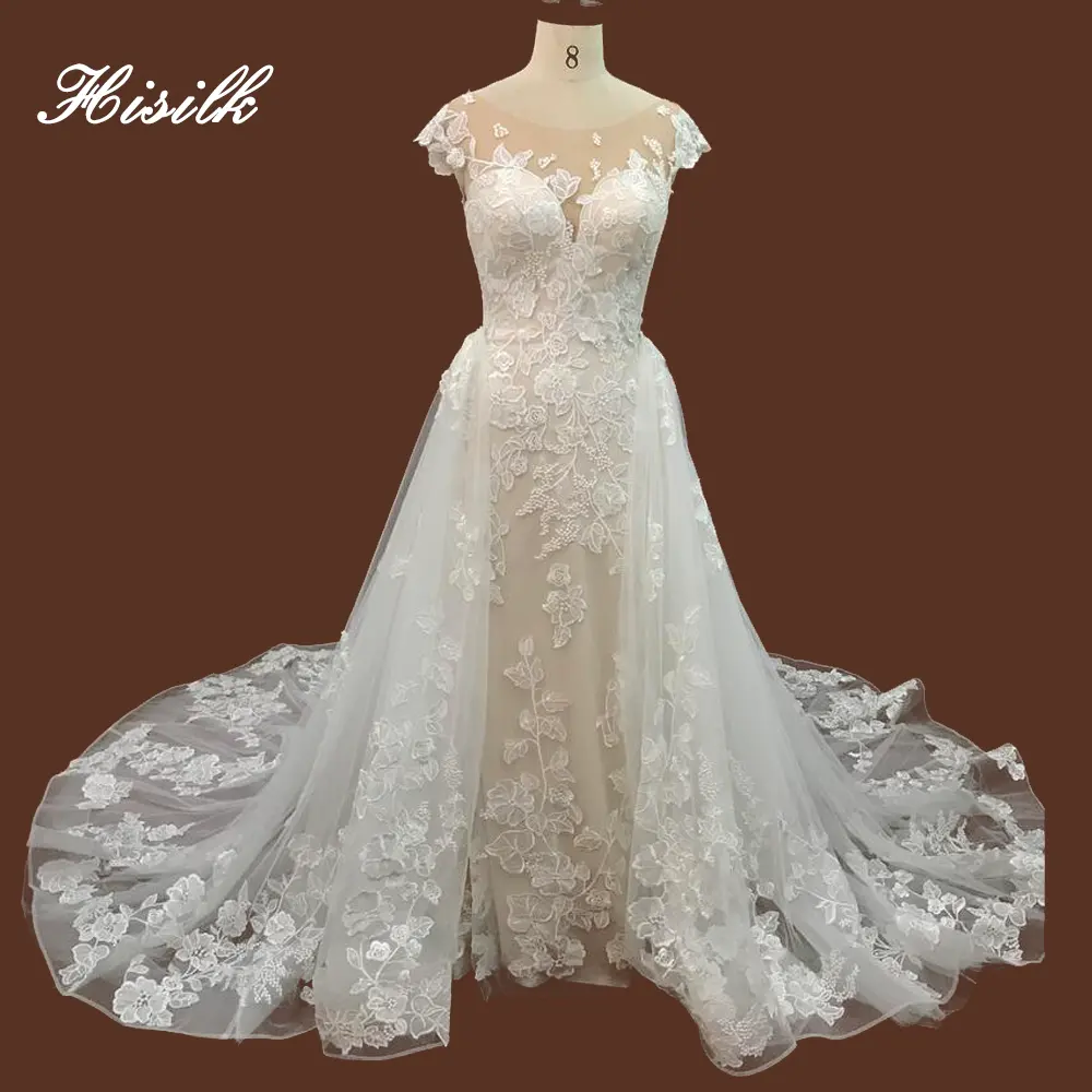 Floral lace applique overlay wedding dress bridal gowns with detachable skirt