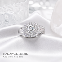 Bague en Moissanite Ronde Taille Brillant avec Halo et Épaules Pavées, Bande Fendue, Bijoux de Mode pour Femme, Collection Cadeau en Gros