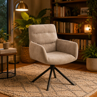 Fauteuil moderne à dossier haut en tissu gris clair rembourré avec pieds en métal noir robustes, base pivotante à 360 degrés pour une utilisation dans le salon