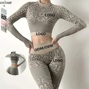 Women Yoga Suit Seamless Printed Snake Pattern Long Sleeve Crop Top and Leggings Yoga Gym Sets Fitness Women