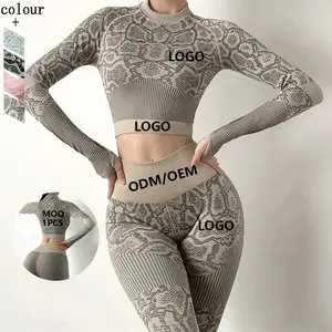 Traje de Yoga sin costuras con estampado de serpiente para mujer, Top corto de manga larga y mallas para Yoga y gimnasio