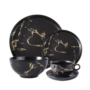 Microwave Oven Safe Porcelain Dinnerware For Home Kitchen Use Marble Black With Gold Four Pcs Tableware