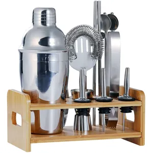 Individueller professioneller Bambusständer Edelstahl Cocktail Shaker-Set Barwerkzeug Mixologie-Kit Barmann