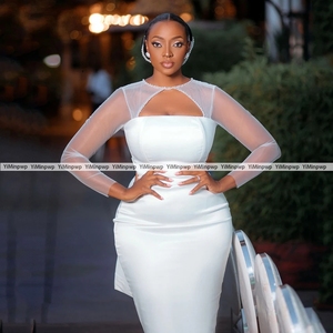 Robes de mariée en satin Aso Ebi <span class=keywords><strong>pour</strong></span> femmes, col rond, perles, nœud, manches longues, sirène/trompette, robes de soirée, robes de mariée personnalisées - Product Image 3