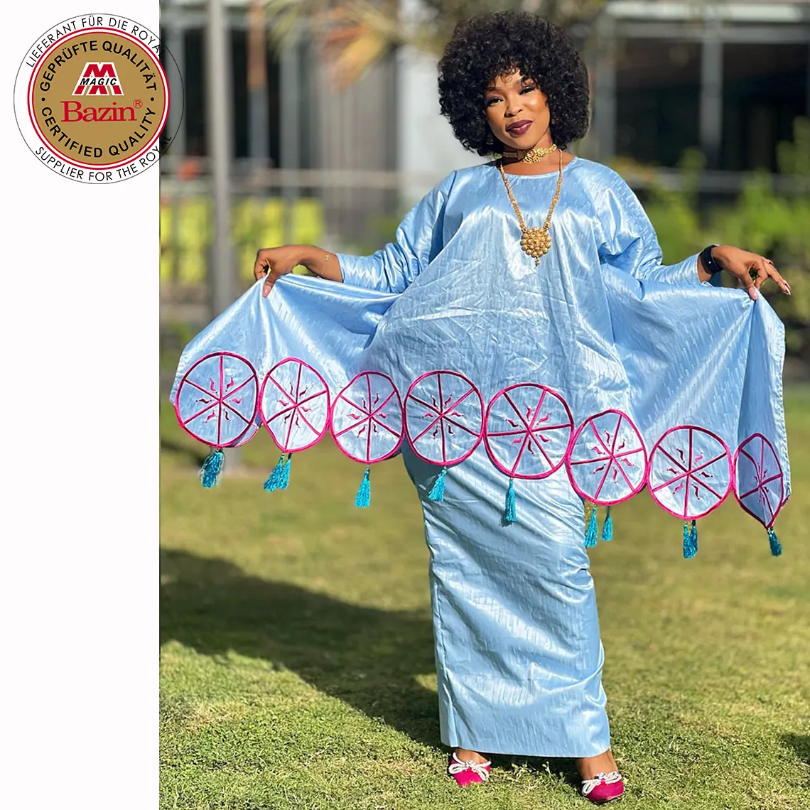 2023 Neueste Design 2pcs Set African Bazin Riche Kleid Afrikanische nigerian ische Hochzeit Braut Party Plus Size Basn Kleid mit Quasten