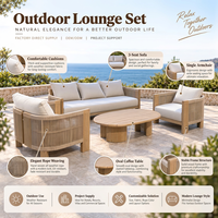 Ensemble de canapés de patio modernes en corde tressée avec table basse ovale en teck, mobilier de salon d'extérieur