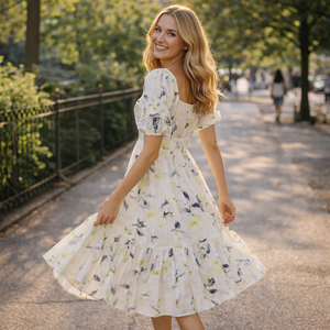 Vestido Midi Personalizado para Mujer, Blanco con Estampado Floral en Acuarela <span class=keywords><strong>Amarillo</strong></span> y Negro, Manga Corta, Mezcla de Lino y Algodón, con Volantes en el Bajo - Product Image 2