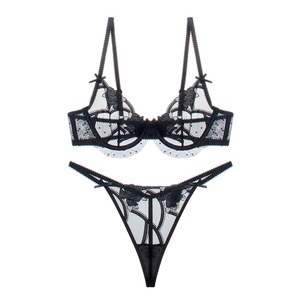 Conjunto de lencería sexy de talla grande con bordado de encaje de 2 piezas (sujetador y bragas) para mujer, conjunto de lencería transparente de malla al por mayor - Product Image 2