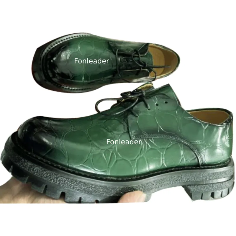 Thick Sole Fashion Style Lace Up flat form Shoes Green Color Durable Men Oxford Leather Dress Shoes