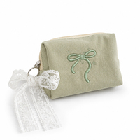 Pochette cosmétique brodée avec fermeture éclair et nœud, personnalisable avec logo, couleur pastel, pour coffrets cadeaux beauté, rangement de voyage et de toilette, vente en gros