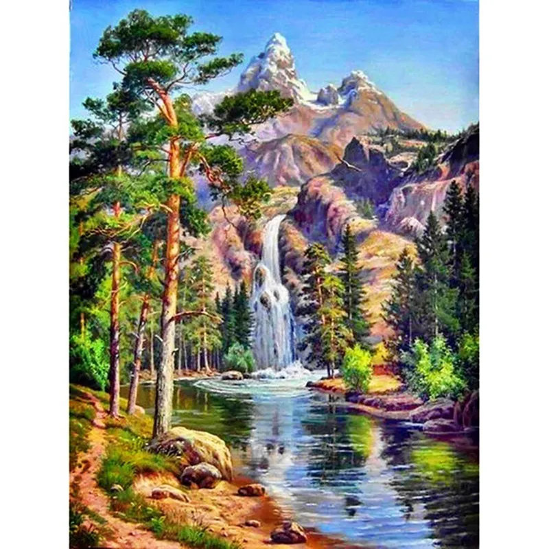 Venta al por mayor paisaje diamante pintura taladro completo cascada y montañas árboles mosaico AB taladro diamante pintura Kits para regalos