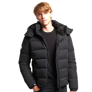 <b>Men's</b> Winter Hooded Puffer <b>Jacket</b> Black Polyester Windproof Casual Thick Insulated Zipper Closure Regular Fit - Product Image 1