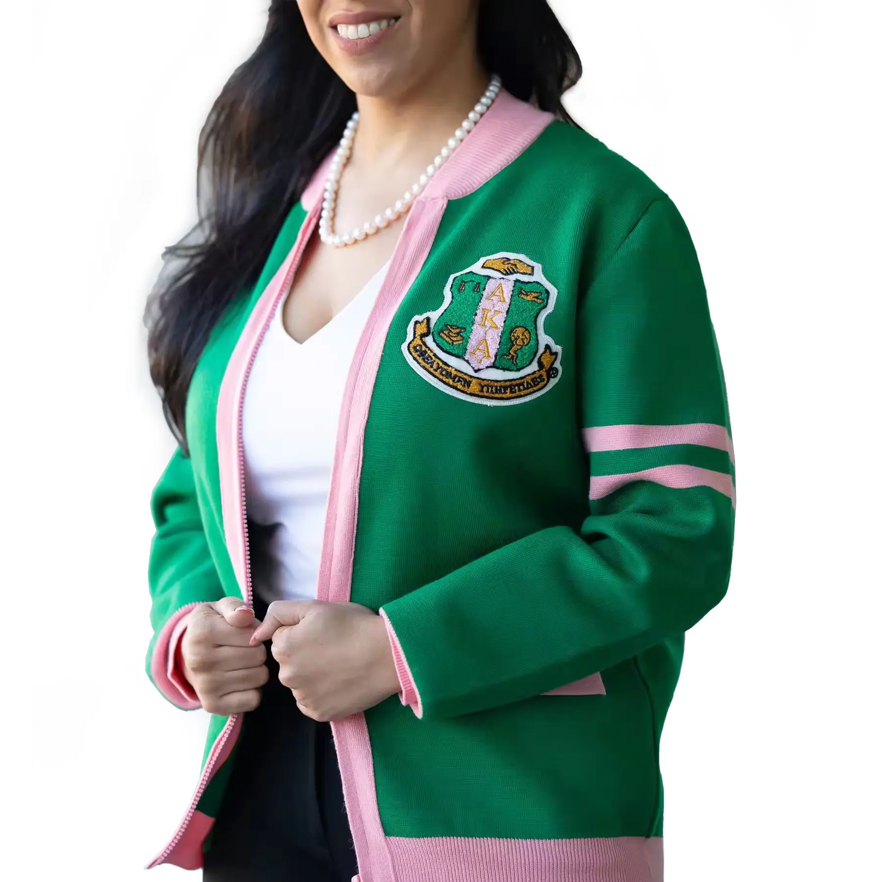 Custom Oem Odm Fabrikant Studentenvereniging Groen Roze Dames V-Hals Gebreide Trui Vest