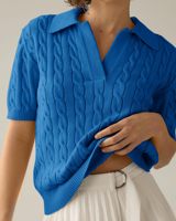 Kemeja Pullover lembut wanita, atasan sweater kabel lengan pendek kerah V padat