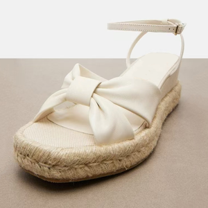 Sandalias de tacón alto de cuña para mujer, con materiales trenzados elegantes, punta abierta, lazo anudado, zapatos de plataforma de talla grande 45 de ajuste ancho - Product Image 5