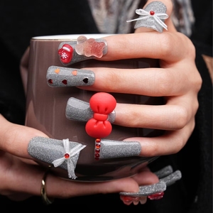 <span class=keywords><strong>Faux</strong></span> ongles gris à motif papillon rouge, forme bec de canard, personnalisés, faits main, à presser, pour usage privé - Product Image 2