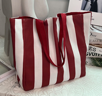 Bolsa de Mano de Lona de Algodón Grueso Personalizada con Estampado Rojo de Rayas Anchas, Bolsa de Compras Ecológica Reutilizable para el Supermercado y el Uso Diario