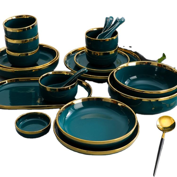 American Style Dark Green Gilt Edge Plate Set Porcelain Luxury Dinnerware  Dishes Custom Dinnerware Set