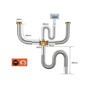 Accessoires de conduite d'eau d'évier de cuisine et tuyau de drainage d'évier 304 ensemble de drainage à double rainure résistant aux odeurs en acier inoxydable