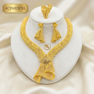Latest Design Trendy 18K Gold Plated Flower Charm Statement Necklace Set for Women African Nigerian Bridal Jewelry Earrings Ring - Product Image 1