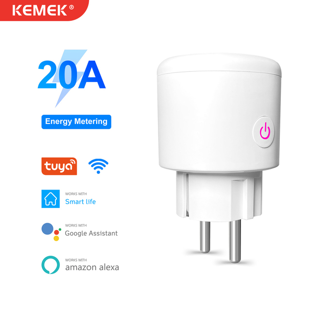 Tuya WiFi 20A EU Smart Socket AC100-240V Multiple Safety Protections Energy Monitoring Works with Alexa Voice Control Plug