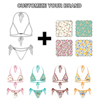 Maillot de bain deux pièces triangle imprimé personnalisé OEM ODM avec franges et pompons, col halter, pour la plage.