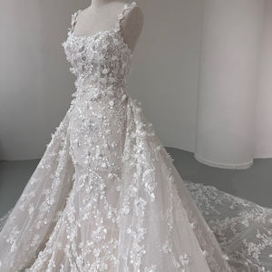 Robe de mariée sirène moderne de luxe NT06 avec bretelles spaghetti, fleurs 3D, dentelle longue, appliques de cristal et broderies, couleur ivoire, traîne chapelle - Product Image 5