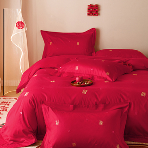 Chinese Style Wedding <b>Bedding</b> <b>Set</b> Pure Cotton Red Duvet Cover Sheets Pillowcases Double Happiness Embroidery Breathable - Product Image 2