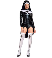 Costume de cosplay d'Halloween pour femmes adultes, ensemble sexy en polyester noir, robe de nonne, tenue de scène, en stock, vente en gros