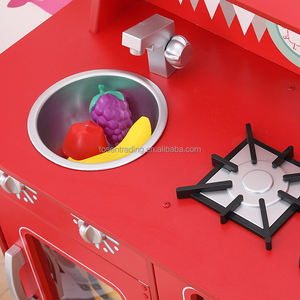 Cuisine en bois rouge pour tout-petits avec four, brûleur, évier et robinet pour jeux d'imitation pour enfants - Product Image 4