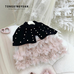 Tongxingyuan Flower Girl Dress Set Black Velvet Cape With Pearls And Pink Tulle Skirt High Neck Princess Style - Product Image 1