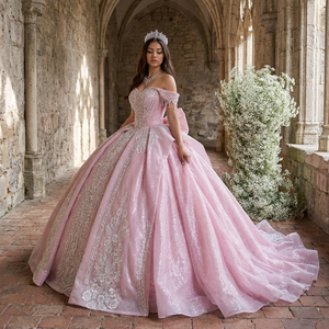 Robe de bal moderne rose pâle pour Quinceañera, style princesse, avec décolleté cœur, dentelle perlée, longueur ras du sol, traîne chapelle, Xs175 - Product Image 1