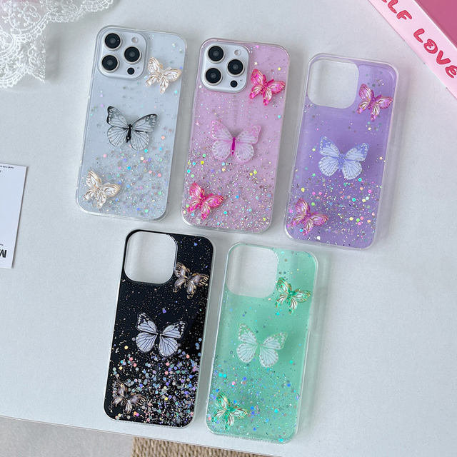 Bling Drop Gluing Butterfly Case for iPhone 17 Air 16 15 14 13 12  Mini 11 Pro X 6 7 8 Plus XR XS Max Glitter TPU PC Phone Cover