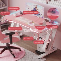 Bureau d'ordinateur en forme de L en fibre de carbone rose avec écran LED pour le bureau à domicile et les jeux, assemblage requis