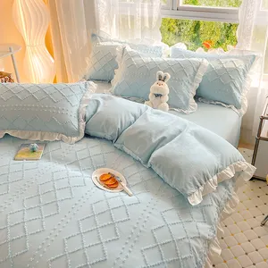 Korean style inset flower cut washed cotton bedding set of four pieces, princess style girl bedding set
